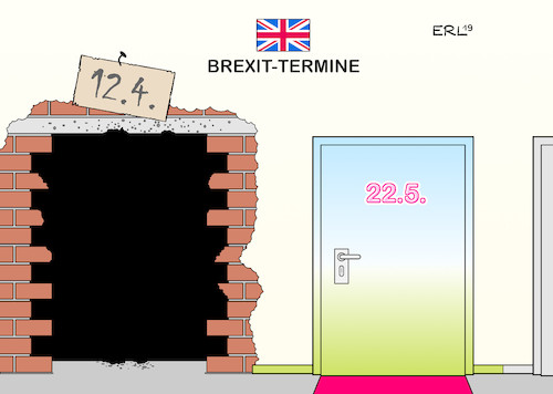 Cartoon: Brexit-Termine (medium) by Erl tagged politik,brexit,großbritannien,gb,uk,austritt,eu,europäische,union,premierministerin,theresa,may,vertrag,abstimmung,parlament,niederlage,ungewissheit,no,deal,chaos,zweites,referendum,nachverhandlung,brüssel,backstop,nordirland,irland,termin,29,märz,verschiebung,12,april,ohne,mit,22,mai,ausgang,karikatur,erl,politik,brexit,großbritannien,gb,uk,austritt,eu,europäische,union,premierministerin,theresa,may,vertrag,abstimmung,parlament,niederlage,ungewissheit,no,deal,chaos,zweites,referendum,nachverhandlung,brüssel,backstop,nordirland,irland,termin,29,märz,verschiebung,12,april,ohne,mit,22,mai,ausgang,karikatur,erl