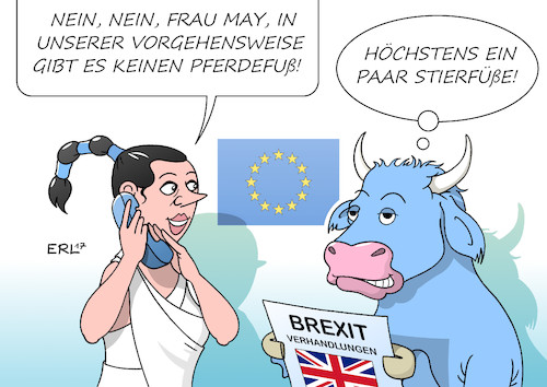 Cartoon: Brexit-Verhandlungen (medium) by Erl tagged brexit,austritt,großbritannien,vereinigtes,königreich,gb,uk,eu,verhandlungen,strategie,neuregelung,parallel,nacheinander,bestrafung,pferdefuß,europa,stier,premierministerin,theresa,may,karikatur,erl,brexit,austritt,großbritannien,vereinigtes,königreich,gb,uk,eu,verhandlungen,strategie,neuregelung,parallel,nacheinander,bestrafung,pferdefuß,europa,stier,premierministerin,theresa,may,karikatur,erl