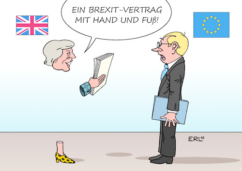 Cartoon: Brexit-Vertrag (medium) by Erl tagged politik,brexit,austritt,grossbritannien,gb,uk,eu,europäische,union,premierministerin,theresa,may,vertrag,kabinett,rücktritte,brexitminister,raab,arbeitsministerin,staatssekretäre,parlament,gegner,brexiteers,hardliner,gefahr,misstrauensvotum,amt,verlust,hand,und,fuß,karikatur,erl