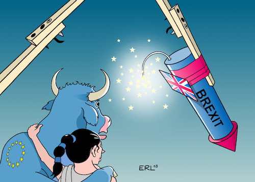 Cartoon: Brexit 2019 (medium) by Erl tagged politik,großbritannien,gb,uk,austritt,eu,europäische,union,brexit,vorbereitung,streit,chaos,theresa,may,europa,stier,silvester,2018,2019,rakete,feuerwerk,karikatur,erl,politik,großbritannien,gb,uk,austritt,eu,europäische,union,brexit,vorbereitung,streit,chaos,theresa,may,europa,stier,silvester,2018,2019,rakete,feuerwerk,karikatur,erl