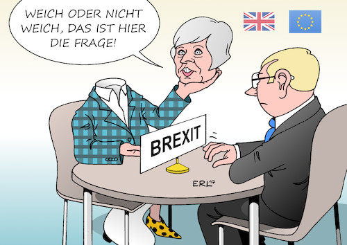 Cartoon: Brexit Verhandlungen (medium) by Erl tagged brexit,austritt,großbritannien,gb,uk,eu,europäische,union,beginn,verhandlungen,premierministerin,theresa,may,conservatives,konservative,wahlen,stimmenverluste,schwächung,chaos,verwirrung,ziel,hart,weich,koalition,dup,nordirland,erzkonservativ,shakespeare,hamlet,zitat,sein,oder,nichtsein,flagge,karikatur,erl,brexit,austritt,großbritannien,gb,uk,eu,europäische,union,beginn,verhandlungen,premierministerin,theresa,may,conservatives,konservative,wahlen,stimmenverluste,schwächung,chaos,verwirrung,ziel,hart,weich,koalition,dup,nordirland,erzkonservativ,shakespeare,hamlet,zitat,sein,oder,nichtsein,flagge,karikatur,erl