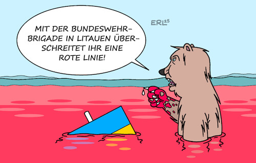 Cartoon: Brigade Litauen (medium) by Erl tagged politik,krieg,überfall,russland,ukraine,bedrohung,baltikum,bundeswehr,brigade,schutz,grenzen,putin,drohung,karikatur,erl,politik,krieg,überfall,russland,ukraine,bedrohung,baltikum,bundeswehr,brigade,schutz,grenzen,putin,drohung,karikatur,erl