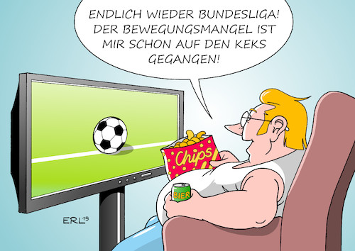 Cartoon: Bundesliga (medium) by Erl tagged politik,sport,fußball,bundesliga,winterpause,ende,fernsehen,sportschau,bewegung,bewegungsmangel,bier,chips,karikatur,erl,politik,sport,fußball,bundesliga,winterpause,ende,fernsehen,sportschau,bewegung,bewegungsmangel,bier,chips,karikatur,erl