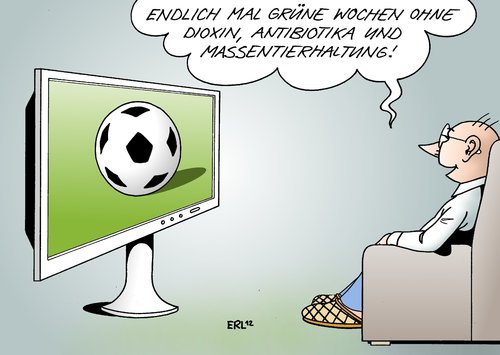 Cartoon: Bundesligastart (medium) by Erl tagged massentierhaltung,antibiotika,dioxin,verbraucher,landwirtschaft,messe,woche,grüne,berlin,grün,rasen,rückrunde,start,bundesliga,fußball,fußball,bundesliga,start,rückrunde,grüne woche,messe,landwirtschaft,verbraucher,dioxin,antibiotika,massentierhaltung,grüne,woche