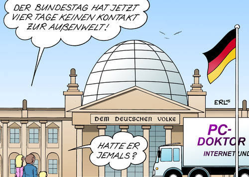 Cartoon: Bundestag offline (medium) by Erl tagged bundestag,computernetzwerk,trojaner,cyberangriff,schadsoftware,internet,netz,reparatur,online,offline,kontakt,außenwelt,politiker,computer,pc,doktor,politik,politikverdrossenheit,reichstag,daten,datenschutz,geheimdienst,karikatur,erl,bundestag,computernetzwerk,trojaner,cyberangriff,schadsoftware,internet,netz,reparatur,online,offline,kontakt,außenwelt,politiker,computer,pc,doktor,politik,politikverdrossenheit,reichstag,daten,datenschutz,geheimdienst,karikatur,erl