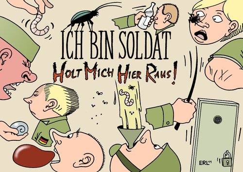 Cartoon: Bundeswehr (medium) by Erl tagged bundeswehr,missstände,mutprobe,aufnahmeritual,alkohol,spind,schweineleber,rollmops,ekel,prüfung,vorgesetzte,umgangston,soldat,soldatin,guttenberg,königshaus,bundeswehr,missstände,mutprobe,aufnahmeritual,alkohol,spind,schweineleber,soldatin,guttenberg,königshaus