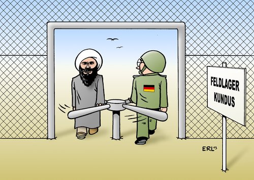 Cartoon: Bundeswehr (medium) by Erl tagged bundeswehr,afghanistan,einsatz,krieg,abzug,soldat,kampf,tod,verletzung,taliban,drehkreuz,feldlager,kundus,kunduz,kommen,gehen,bundeswehr,afghanistan,einsatz,krieg,abzug,soldat,kampf,tod,verletzung,taliban,drehkreuz,feldlager,kundus,kunduz,kommen,gehen