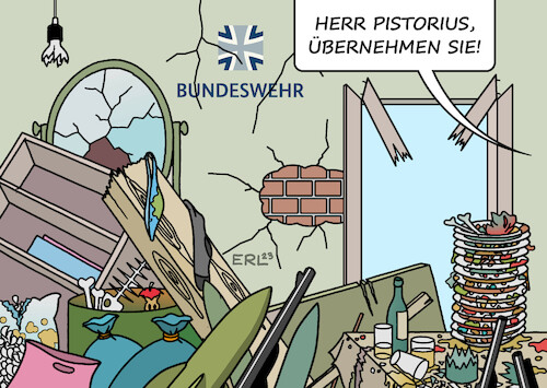 Cartoon: Bundeswehr (medium) by Erl tagged politik,verteidigungsministerin,christine,lambrecht,rücktritt,nachfolger,boris,pistorius,aufgaben,bundeswehr,zeitenwende,beschaffung,instandsetzung,landesverteidigung,aufräumen,chaos,karikatur,erl,politik,verteidigungsministerin,christine,lambrecht,rücktritt,nachfolger,boris,pistorius,aufgaben,bundeswehr,zeitenwende,beschaffung,instandsetzung,landesverteidigung,aufräumen,chaos,karikatur,erl