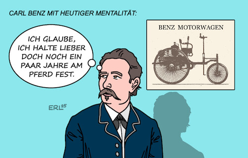 Cartoon: Carl Benz (medium) by Erl tagged politik,technik,auto,automobil,eu,rückzug,verbrenner,aus,ängstlickeit,pioniergeist,carl,benz,elektroauto,pferd,karikatur,erl,politik,technik,auto,automobil,eu,rückzug,verbrenner,aus,ängstlickeit,pioniergeist,carl,benz,elektroauto,pferd,karikatur,erl