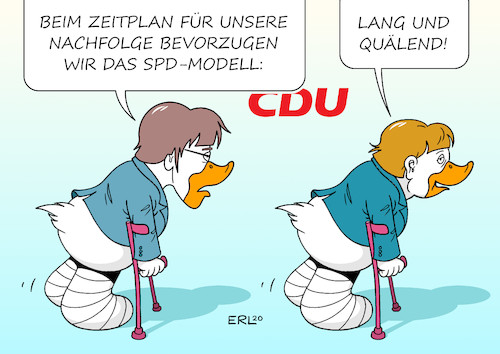 Cartoon: CDU-Zeitplan (medium) by Erl tagged politik,cdu,akk,annegret,kramp,karrenbauer,rückzug,vorsitz,kanzler,kandidat,kanzlerkandidatur,frage,nachfolge,zeitplan,beispiel,spd,lang,lange,quälend,suche,bundeskanzlerin,angela,merkel,lahme,ente,lame,duck,karikatur,erl,politik,cdu,akk,annegret,kramp,karrenbauer,rückzug,vorsitz,kanzler,kandidat,kanzlerkandidatur,frage,nachfolge,zeitplan,beispiel,spd,lang,lange,quälend,suche,bundeskanzlerin,angela,merkel,lahme,ente,lame,duck,karikatur,erl