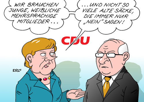 Cartoon: CDU (medium) by Erl tagged griechenland,hilfspaket,drittes,abstimmung,bundestag,abweichler,neinsager,nein,union,cdu,csu,bundeskanzlerin,angela,merkel,regierungsmehrheit,euro,eu,ezb,esm,iwf,eurozone,währungsunion,geld,finanzen,partei,modernisierung,jung,weiblich,mehrsprachig,großstadt,karikatur,erl,griechenland,hilfspaket,drittes,abstimmung,bundestag,abweichler,neinsager,nein,union,cdu,csu,bundeskanzlerin,angela,merkel,regierungsmehrheit,euro,eu,ezb,esm,iwf,eurozone,währungsunion,geld,finanzen,partei,modernisierung,jung,weiblich,mehrsprachig,großstadt,karikatur,erl