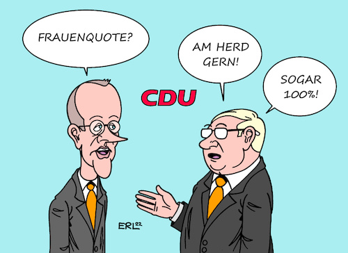 Cartoon: CDU (medium) by Erl tagged politik,partei,cdu,parteitag,vorsitzender,friedrich,merz,frauenquote,basis,konservative,vorbehalte,tradition,rolle,frau,herd,karikatur,erl,politik,partei,cdu,parteitag,vorsitzender,friedrich,merz,frauenquote,basis,konservative,vorbehalte,tradition,rolle,frau,herd,karikatur,erl