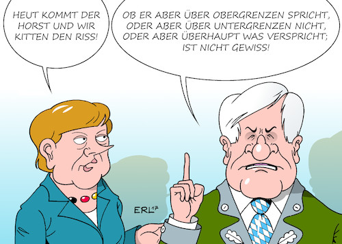 Cartoon: CDU CSU (medium) by Erl tagged cdu,csu,schwesterpartei,partei,riss,streit,flüchtlingspolitik,bundeskanzlerin,angela,merkel,ministerpräsident,horst,seehofer,forderung,obergrenze,treffen,versöhnung,stabilität,ungewissheit,lied,oberammergau,karikatur,erl,cdu,csu,schwesterpartei,partei,riss,streit,flüchtlingspolitik,bundeskanzlerin,angela,merkel,ministerpräsident,horst,seehofer,forderung,obergrenze,treffen,versöhnung,stabilität,ungewissheit,lied,oberammergau,karikatur,erl