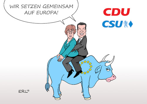 Cartoon: CDU CSU Europawahl (medium) by Erl tagged politik,cdu,csu,europawahl,wahlprogramm,gemeinsamkeit,proeuropäisch,zaghaft,stier,annegret,kramp,karrenbauer,markus,söder,karikatur,erl,politik,cdu,csu,europawahl,wahlprogramm,gemeinsamkeit,proeuropäisch,zaghaft,stier,annegret,kramp,karrenbauer,markus,söder,karikatur,erl