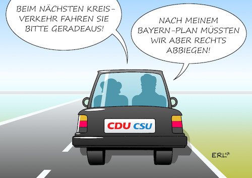 Cartoon: CDU CSU Wahlprogramm (medium) by Erl tagged cdu,csu,wahlprogramm,union,einigkeit,kurs,bundestagswahl,wahl,inhalte,bundeskanzlerin,angela,merkel,navi,navigation,ministerpräsident,horst,seehofer,bayern,plan,bayernplan,obergrenze,flüchtlinge,konservativ,auto,rechts,rechtspopulis,abbiegen,karikatur,erl,cdu,csu,wahlprogramm,union,einigkeit,kurs,bundestagswahl,wahl,inhalte,bundeskanzlerin,angela,merkel,navi,navigation,ministerpräsident,horst,seehofer,bayern,plan,bayernplan,obergrenze,flüchtlinge,auto,rechts,abbiegen,karikatur,erl