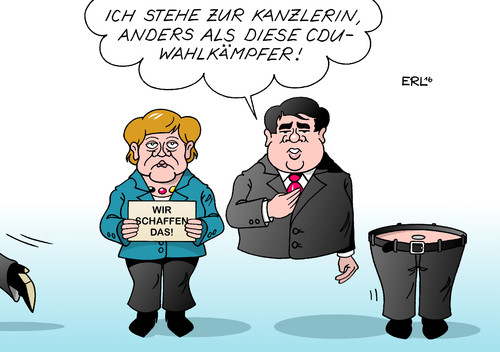 Cartoon: CDU SPD (medium) by Erl tagged bundeskanzlerin,angela,merkel,flüchtlinge,wir,schaffen,das,cdu,wahlkampf,landtagswahlen,panik,flucht,spd,sigmar,gabriel,treue,standpunkt,standhaftigkeit,kritik,karikatur,erl,bundeskanzlerin,angela,merkel,flüchtlinge,wir,schaffen,das,cdu,wahlkampf,landtagswahlen,panik,flucht,spd,sigmar,gabriel,treue,standpunkt,standhaftigkeit,kritik,karikatur,erl