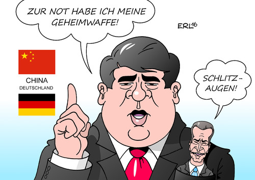 Cartoon: China (medium) by Erl tagged wirtschaftsminister,sigmar,gabriel,besuch,china,wirtschaft,verhandlungen,geheimwaffe,günther,oettinger,rede,schlitzaugen,populismus,diplomatie,karikatur,erl,wirtschaftsminister,sigmar,gabriel,besuch,china,wirtschaft,verhandlungen,geheimwaffe,günther,oettinger,rede,schlitzaugen,populismus,diplomatie,karikatur,erl