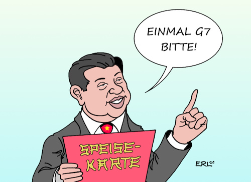 Cartoon: China und G7 (medium) by Erl tagged politik,g7,treffen,industrienationen,weltpolitik,corona,pandemie,strategie,machtstreben,vormachtstelung,china,seidenstraße,machthunger,speisekarte,chinarestaurant,xi,jinping,karikatur,erl,politik,g7,treffen,industrienationen,weltpolitik,corona,pandemie,strategie,machtstreben,vormachtstelung,china,seidenstraße,machthunger,speisekarte,chinarestaurant,xi,jinping,karikatur,erl