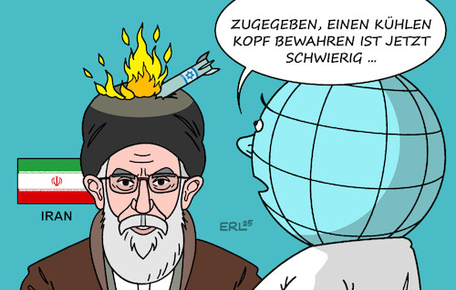 Cartoon: Cool bleiben (medium) by Erl tagged politik,israel,angriff,atomprogramm,iran,atombombe,feuer,regime,chamenei,erde,angst,karikatur,erl,politik,israel,angriff,atomprogramm,iran,atombombe,feuer,regime,chamenei,erde,angst,karikatur,erl