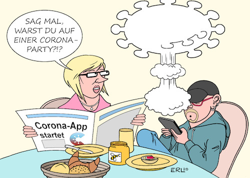 Cartoon: Corona-App (medium) by Erl tagged politik,corona,virus,pandemie,coronaapp,app,smartphone,verfolgung,kontakte,infizierte,coronaparty,karikatur,erl,politik,corona,virus,pandemie,coronaapp,app,smartphone,verfolgung,kontakte,infizierte,coronaparty,karikatur,erl