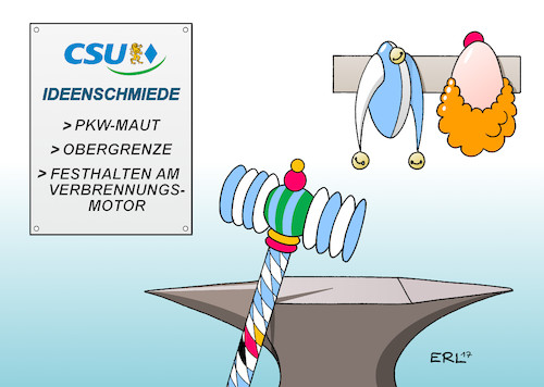 Cartoon: CSU-Ideenschmiede (medium) by Erl tagged csu,ministerpräsident,horst,seehofer,bayern,bundestagswahl,wahl,wahlkampf,regierung,regierungsbeteiligung,koalitionsvertrag,festhalten,verbrennungsmotor,idee,schnapsidee,pkw,maut,obergrenze,flüchtlinge,ideenschmiede,populismus,rechtspopulismus,amboss,hammer,scherzartikel,narrenkappe,clown,perücke,nase,karikatur,erl,csu,ministerpräsident,horst,seehofer,bayern,bundestagswahl,wahl,wahlkampf,regierung,regierungsbeteiligung,koalitionsvertrag,festhalten,verbrennungsmotor,idee,schnapsidee,pkw,maut,obergrenze,flüchtlinge,ideenschmiede,populismus,rechtspopulismus,amboss,hammer,scherzartikel,narrenkappe,clown,perücke,nase,karikatur,erl