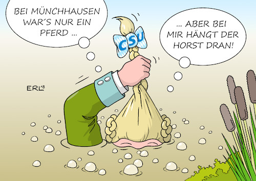 Cartoon: CSU-Parteitag (medium) by Erl tagged politik,landtagswahl,bayern,csu,wahlkampf,endspurt,ministerpräsident,markus,söder,umfragen,einbruch,flüchtlingspolitik,imitation,afd,angst,wähler,abwanderung,verlust,stimmenverlust,rechtspopulismus,parteivorsitzender,horst,seehofer,schlingerkurs,sumpf,zopf,schopf,pferd,herausziehen,lügen,baron,münchhausen,karikatur,erl,politik,landtagswahl,bayern,csu,wahlkampf,endspurt,ministerpräsident,markus,söder,umfragen,einbruch,flüchtlingspolitik,imitation,afd,angst,wähler,abwanderung,verlust,stimmenverlust,rechtspopulismus,parteivorsitzender,horst,seehofer,schlingerkurs,sumpf,zopf,schopf,pferd,herausziehen,lügen,baron,münchhausen,karikatur,erl