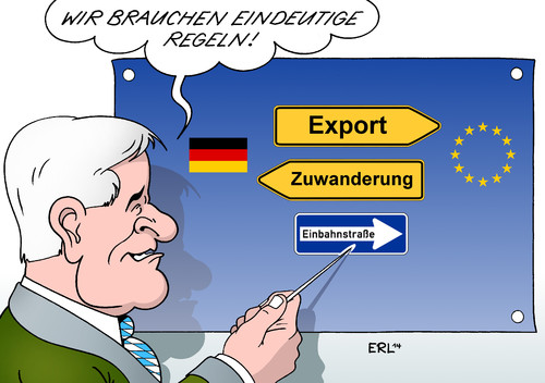 Cartoon: CSU (medium) by Erl tagged eu,freizügigkeit,arbeitnehmer,rumänien,bulgarien,csu,ängste,zuwanderung,armut,migration,armutsmigration,export,märkte,frei,einbahnstraße,horst,seehofer,bayern,deutschland,karikatur,erl,eu,freizügigkeit,arbeitnehmer,rumänien,bulgarien,csu,ängste,zuwanderung,armut,migration,armutsmigration,export,märkte,frei,einbahnstraße,horst,seehofer,bayern,deutschland