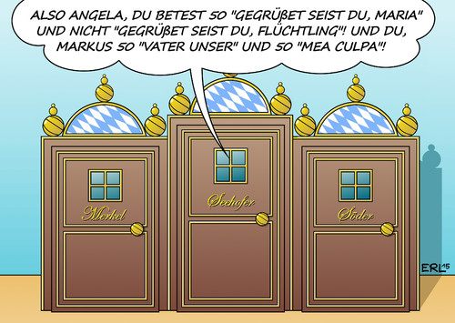 Cartoon: CSU (medium) by Erl tagged csu,parteitag,bayern,ministerpräsident,horst,seehofer,abrechnung,bundeskanzlerin,angela,merkel,finanzminister,markus,söder,flüchtlinge,willkommenskultur,abschottung,beichte,beichtstuhl,ave,maria,vater,unser,mea,culpa,absolution,karikatur,erl,csu,parteitag,bayern,ministerpräsident,horst,seehofer,abrechnung,bundeskanzlerin,angela,merkel,finanzminister,markus,söder,flüchtlinge,willkommenskultur,abschottung,beichte,beichtstuhl,ave,maria,vater,unser,mea,culpa,absolution,karikatur,erl