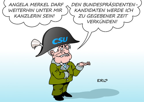 Cartoon: CSU (medium) by Erl tagged csu,vorsitzender,horst,seehofer,ministerpräsident,bayern,unterstützung,frage,kanzlerkandidatur,angela,merkel,suche,kandidat,bundespräsident,selbstüberschätzung,größenwahn,napoleon,bonaparte,karikatur,erl,csu,vorsitzender,horst,seehofer,ministerpräsident,bayern,unterstützung,frage,kanzlerkandidatur,angela,merkel,suche,kandidat,bundespräsident,selbstüberschätzung,größenwahn,napoleon,bonaparte,karikatur,erl