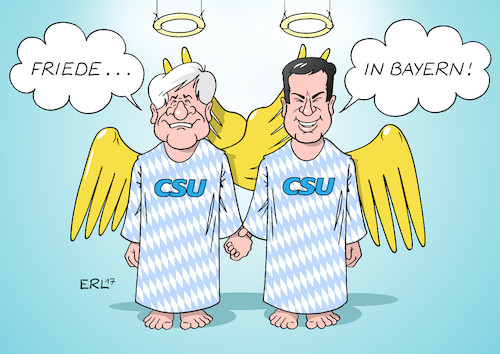 Cartoon: CSU (medium) by Erl tagged csu,partei,parteitag,nürnberg,doppelspitze,markus,söder,ministerpräsident,horst,seehofer,parteivorsitzender,streit,abneigung,vergangenheit,zukunft,harmonie,koalitionsverhandlungen,berlin,landtagswahl,bayern,münchen,friede,frieden,engel,heiligenschein,weihnachten,karikatur,erl,csu,partei,parteitag,nürnberg,doppelspitze,markus,söder,ministerpräsident,horst,seehofer,parteivorsitzender,streit,abneigung,vergangenheit,zukunft,harmonie,koalitionsverhandlungen,berlin,landtagswahl,bayern,münchen,friede,frieden,engel,heiligenschein,weihnachten,karikatur,erl