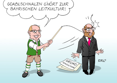 Cartoon: CSU (medium) by Erl tagged csu,partei,bayern,vorschläge,flüchtlingspolitik,flüchtlinge,abschreckung,abschottung,kürzungen,angst,landtagswahlen,verlust,absolute,mehrheit,einzug,landtag,afd,leitkultur,brauchtum,goaßlschnalzn,alexander,dobrindt,martin,schulz,spd,partner,große,koalition,groko,cdu,schwarz,rot,karikatur,erl,csu,partei,bayern,vorschläge,flüchtlingspolitik,flüchtlinge,abschreckung,abschottung,kürzungen,angst,landtagswahlen,verlust,absolute,mehrheit,einzug,landtag,afd,leitkultur,brauchtum,goaßlschnalzn,alexander,dobrindt,martin,schulz,spd,partner,große,koalition,groko,cdu,schwarz,rot,karikatur,erl