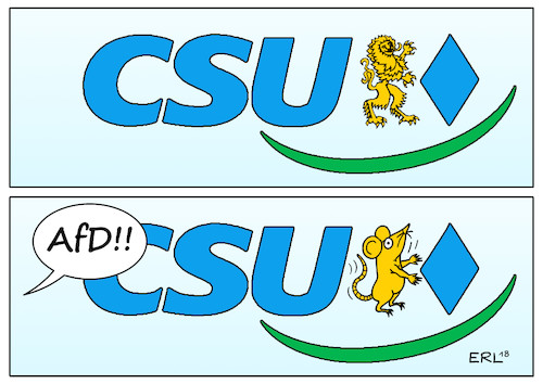 Cartoon: CSU (medium) by Erl tagged illustration,politik,landtagswahl,bayern,csu,wahlkampfendspurt,wahlkampf,endspurt,umfragen,einbruch,flüchtlingspolitik,imitation,afd,angst,wähler,verlust,stimmenverlust,rechtspopulismus,parteivorsitzender,horst,seehofer,ministerpräsident,markus,söder,schlingerkurs,löwe,maus,karikatur,erl,illustration,politik,landtagswahl,bayern,csu,wahlkampfendspurt,wahlkampf,endspurt,umfragen,einbruch,flüchtlingspolitik,imitation,afd,angst,wähler,verlust,stimmenverlust,rechtspopulismus,parteivorsitzender,horst,seehofer,ministerpräsident,markus,söder,schlingerkurs,löwe,maus,karikatur,erl