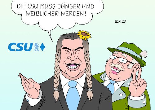 Cartoon: CSU (medium) by Erl tagged politik,csu,parteitag,vorsitzender,ministerpräsident,markus,söder,wandlung,rechts,national,asylkritisch,wahlerfolg,die,grünen,grün,human,klimawandel,greta,thunberg,jünger,weiblicher,karikatur,erl,politik,csu,parteitag,vorsitzender,ministerpräsident,markus,söder,wandlung,rechts,national,asylkritisch,wahlerfolg,die,grünen,grün,human,klimawandel,greta,thunberg,jünger,weiblicher,karikatur,erl