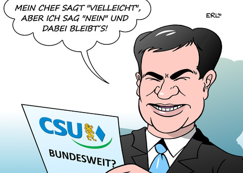 Cartoon: CSU bundesweit? (medium) by Erl tagged union,cdu,csu,streit,flüchtlinge,wahlerfolg,afd,ministerpräsident,horst,seehofer,drohung,bundeskanzlerin,angela,merkel,ausdehnung,bundesweit,deutschland,dementi,finanzminister,markus,söder,bayern,kronprinz,macht,ehrgeiz,karikatur,erl,union,cdu,csu,streit,flüchtlinge,wahlerfolg,afd,ministerpräsident,horst,seehofer,drohung,bundeskanzlerin,angela,merkel,ausdehnung,bundesweit,deutschland,dementi,finanzminister,markus,söder,bayern,kronprinz,macht,ehrgeiz,karikatur,erl