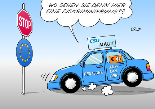 Cartoon: CSU Maut (medium) by Erl tagged pkw,maut,ausländer,csu,wahlkampf,thema,wahlversprechen,gesetz,infrastrukturabgabe,auto,verkehr,eu,recht,diskriminierung,vertragsverletzungsverfahren,juncker,verkehrsminister,dobrindt,stoppschild,stopp,karikatur,erl,pkw,maut,ausländer,csu,wahlkampf,thema,wahlversprechen,gesetz,infrastrukturabgabe,auto,verkehr,eu,recht,diskriminierung,vertragsverletzungsverfahren,juncker,verkehrsminister,dobrindt,stoppschild,stopp