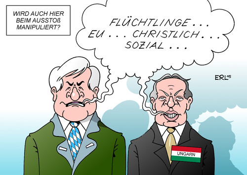 Cartoon: CSU Orban (medium) by Erl tagged erl,karikatur,winterkorn,autobauer,auto,schadstoffausstoß,schadstoff,ausstoß,diesel,abgaswerte,vw,manipulation,sozial,christlich,abschottung,zaun,abschreckung,seehofer,horst,bayern,csu,ornab,viktor,besuch,deutschland,ungarn,eu,europa,flüchtlinge,flüchtlinge,europa,eu,ungarn,deutschland,besuch,viktor,ornab,csu,bayern,horst,seehofer,abschreckung,zaun,abschottung,christlich,sozial,manipulation,vw,abgaswerte,diesel,ausstoß,schadstoff,schadstoffausstoß,auto,autobauer,winterkorn,karikatur,erl