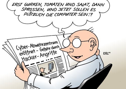 Cartoon: Cyber-Abwehr (medium) by Erl tagged cyberabwehrzentrum,cyberkriminalität,internet,hacker,angriff,viren,würmer,trojaner,pc,schutz,behörde,ehec,keim,bakterium,tomate,gurke,salat,sprossen,warnung,computer,cyberabwehrzentrum,cyberkriminalität,internet,hacker,angriff,würmer,viren,behörde,schutz,trojaner,tomate,gurke,bakterium,keim,ehec,sprossen,salat,computer