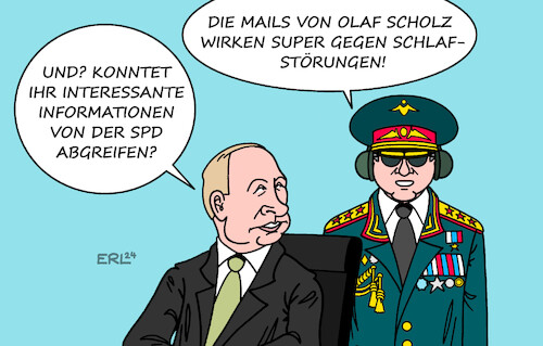 Cartoon: Cyberangriff auf SPD (medium) by Erl tagged politik,russland,wladimir,putin,militärgeheimdienst,cyberangriff,cyberattacke,spd,deutschland,partei,regierung,regierungspartei,bundeskanzler,olaf,scholz,führungsschwäche,schlaftablette,email,mail,therapie,schlafstörungen,karikatur,erl,politik,russland,wladimir,putin,militärgeheimdienst,cyberangriff,cyberattacke,spd,deutschland,partei,regierung,regierungspartei,bundeskanzler,olaf,scholz,führungsschwäche,schlaftablette,email,mail,therapie,schlafstörungen,karikatur,erl