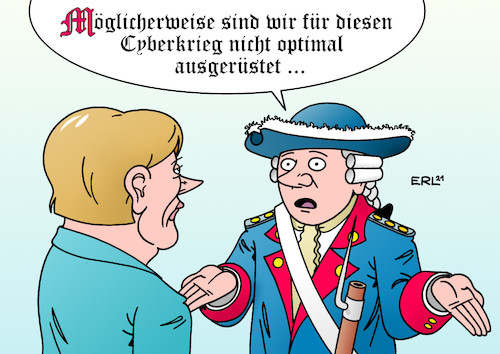 Cartoon: Cyberkrieg (medium) by Erl tagged politik,internet,web,netz,computer,firmen,it,dienstleister,hackerangriffe,hacker,erpressung,verschlüsselung,daten,lösegeld,cyberkrieg,abwehr,ausrüstung,mangelhaft,veraltet,bundeskanzlerin,angela,merkel,soldat,preußen,karikatur,erl,politik,internet,web,netz,computer,firmen,it,dienstleister,hackerangriffe,hacker,erpressung,verschlüsselung,daten,lösegeld,cyberkrieg,abwehr,ausrüstung,mangelhaft,veraltet,bundeskanzlerin,angela,merkel,soldat,preußen,karikatur,erl