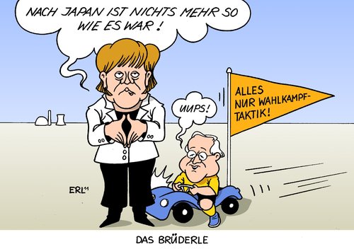 Cartoon: Das Brüderle (medium) by Erl tagged fdp,csu,cdu,schwarz,gelb,regierung,merkel,atompolitik,laufzeitverlängerung,atomunfall,gau,japan,moratorium,umdenken,taktik,wahlkampf,landtagswahl,baden,württemberg,rheinland,pfalz,brüderle,cdu,fdp,csu,schwarz,gelb,regierung,angela merkel,laufzeitverlängerung,atomunfall,gau,japan,moratorium,umdenken,taktik,wahlkampf,angela,merkel