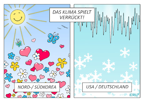 Cartoon: Das Klima spielt verrückt! (medium) by Erl tagged politik,korea,nordkorea,südkorea,annäherung,tauwetter,frühling,frieden,atomwaffenfreie,zone,kim,jong,un,moon,jae,in,eiszeit,usa,deutschland,präsident,donald,trump,rechtspopulismus,nationalismus,america,first,strafzölle,handelsbarrieren,handel,freihandel,wirtschaft,unberechenbarkeit,bundeskanzlerin,angela,merkel,besuch,kurz,klima,verrückt,klimawandel,karikatur,erl,politik,korea,nordkorea,südkorea,annäherung,tauwetter,frühling,frieden,atomwaffenfreie,zone,kim,jong,un,moon,jae,in,eiszeit,usa,deutschland,präsident,donald,trump,rechtspopulismus,nationalismus,america,first,strafzölle,handelsbarrieren,handel,freihandel,wirtschaft,unberechenbarkeit,bundeskanzlerin,angela,merkel,besuch,kurz,klima,verrückt,klimawandel,karikatur,erl