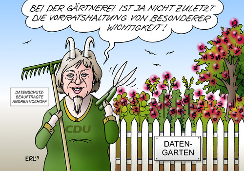 Cartoon: Datenschutzbeauftragte (medium) by Erl tagged datenschutzbeauftragte,andrea,voßhoff,cdu,csu,spd,große,koalition,groko,schwart,rot,vorratsdatenspeicherung,positiv,bock,gärtner,daten,garten,karikatur,erl,datenschutzbeauftragte,andrea,voßhoff,cdu,csu,spd,große,koalition,groko,schwart,rot,vorratsdatenspeicherung,positiv,bock,gärtner,daten,garten