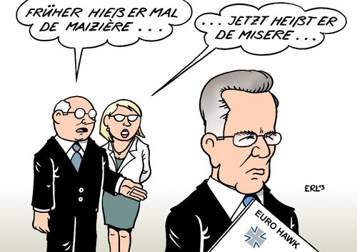 Cartoon: De Maiziere (medium) by Erl tagged verteidigungsminister,thomas,de,maiziere,bundeswehr,euro,hawk,drohne,einstellung,millionen,verschwendung,name,misere,ruf,ansehen,verteidigungsminister,thomas,de,maiziere,bundeswehr,euro,hawk,drohne,einstellung,millionen,verschwendung,name,misere,ruf,ansehen