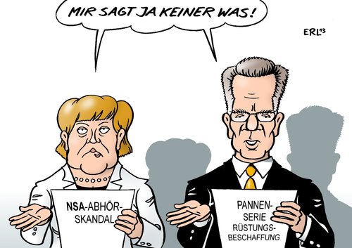 Cartoon: De Maiziere Merkel (medium) by Erl tagged bundeskanzlerin,angela,merkel,nsa,usa,geheimdienst,überwachung,skandal,daten,datenschutz,recht,unrecht,wissen,information,verteidigungsminister,thomas,de,maiziere,rüstung,beschaffung,einkauf,pannenserie,teuer,zulassung,funktion,bundeskanzlerin,angela,merkel,nsa,usa,geheimdienst,überwachung,skandal,daten,datenschutz,recht,unrecht,wissen,information,verteidigungsminister,thomas,de,maiziere,rüstung,beschaffung,einkauf,pannenserie,teuer,zulassung,funktion