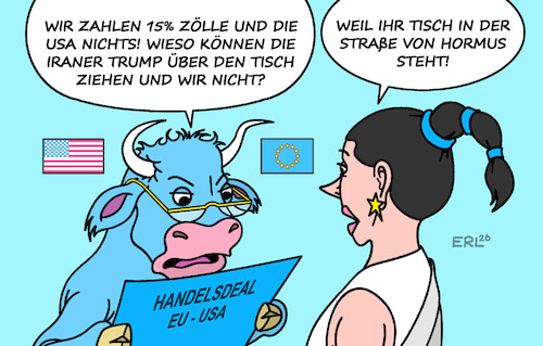 Cartoon: Dealmaker (medium) by Erl tagged politik,handel,deal,handelsdeal,eu,usa,zölle,zollfreiheit,europa,stier,dealmaker,trump,iran,straße,hormus,karikatur,erl,politik,handel,deal,handelsdeal,eu,usa,zölle,zollfreiheit,europa,stier,dealmaker,trump,iran,straße,hormus,karikatur,erl