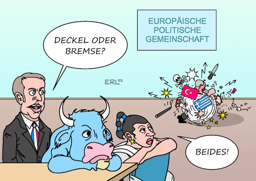 Cartoon: Deckel oder Bremse (medium) by Erl tagged politik,krieg,russland,ukraine,sanktionen,westen,usa,eu,europa,stier,macron,europäische,politische,gemeinschaft,signal,geschlossenheit,wladimir,putin,beratung,gaspreis,gas,einkauf,deckel,bremse,konflikt,türkei,erdogan,griechenland,mitsotakis,schlägerei,karikatur,erl,politik,krieg,russland,ukraine,sanktionen,westen,usa,eu,europa,stier,macron,europäische,politische,gemeinschaft,signal,geschlossenheit,wladimir,putin,beratung,gaspreis,gas,einkauf,deckel,bremse,konflikt,türkei,erdogan,griechenland,mitsotakis,schlägerei,karikatur,erl