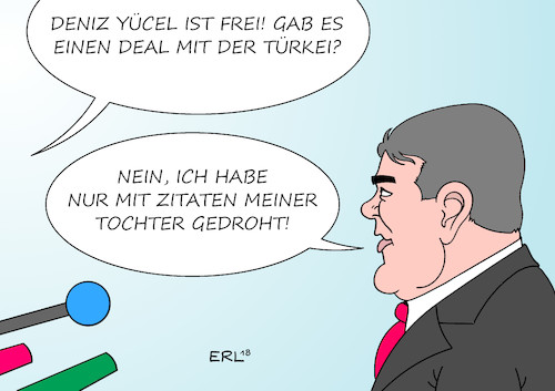 Cartoon: Deniz Yücel (medium) by Erl tagged politik,deutsch,türkisch,verhältnis,schwierig,belastet,türkei,präsident,erdogan,präsidialsystem,abbau,demokratie,grundrechte,gewaltenteilung,säuberung,verhaftungen,verhaftung,journalist,deniz,yücel,außenminister,sigmar,gabriel,einsatz,freilassung,deal,konflikt,martin,schulz,interview,zitat,tochter,drohung,karikatur,erl,politik,deutsch,türkisch,verhältnis,schwierig,belastet,türkei,präsident,erdogan,präsidialsystem,abbau,demokratie,grundrechte,gewaltenteilung,säuberung,verhaftungen,verhaftung,journalist,deniz,yücel,außenminister,sigmar,gabriel,einsatz,freilassung,deal,konflikt,martin,schulz,interview,zitat,tochter,drohung,karikatur,erl