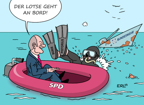 Cartoon: Der Lotse geht an Bord (medium) by Erl tagged politik,verteidigungsministerin,christine,lambrecht,rücktritt,bundeskanzler,olaf,scholz,nachfolger,boris,pistorius,aufgaben,bundeswehr,zeitenwende,beschaffung,instandsetzung,landesverteidigung,lotse,bord,taucher,karikatur,erl,politik,verteidigungsministerin,christine,lambrecht,rücktritt,bundeskanzler,olaf,scholz,nachfolger,boris,pistorius,aufgaben,bundeswehr,zeitenwende,beschaffung,instandsetzung,landesverteidigung,lotse,bord,taucher,karikatur,erl