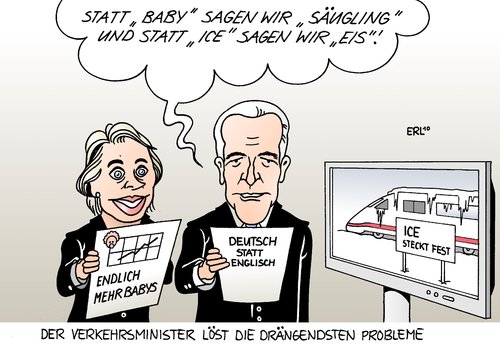 Cartoon: Deutsch (medium) by Erl tagged verkehrsminister,ramsauer,peter,deutsch,englisch,fremdwort,ersatz,baby,ice,säugling,eis,geburtenrate,anstieg,leyen,verkehr,wetter,kälte,schnee,bahn,probleme,verkehrsminister,ramsauer,peter,deutsch,englisch,fremdwort,ersatz,baby,ice,säugling,eis,geburtenrate,wetter,kälte,schnee,probleme,verkehr,leyen