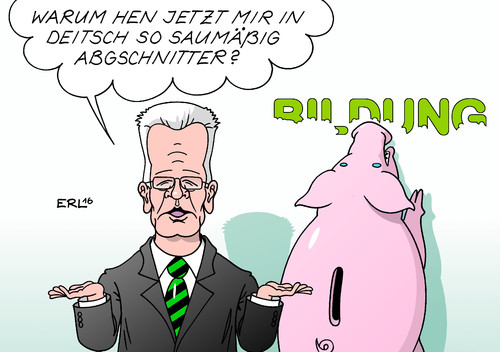 Cartoon: Deutsch Ba-Wü (medium) by Erl tagged schule,leistungstest,bundesländer,vergleich,deutsch,rückschritt,baden,württemberg,grüne,cdu,spd,ministerpräsidenr,winfried,kretschmann,sparkurs,sparen,bildung,sparschwein,hochdeutsch,dialekt,schwäbisch,alemannisch,karikatur,erl,schule,leistungstest,bundesländer,vergleich,deutsch,rückschritt,baden,württemberg,grüne,cdu,spd,ministerpräsidenr,winfried,kretschmann,sparkurs,sparen,bildung,sparschwein,hochdeutsch,dialekt,schwäbisch,alemannisch,karikatur,erl